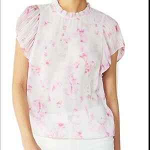 Nine West Pink White Pleated Flutter Sleeves Blouse Women Size XL.